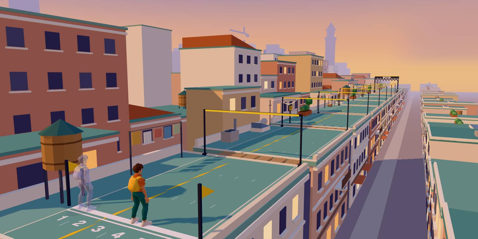 TypeDash’s 3D rooftop race: a runner and translucent practice ghost line up on the starting grid