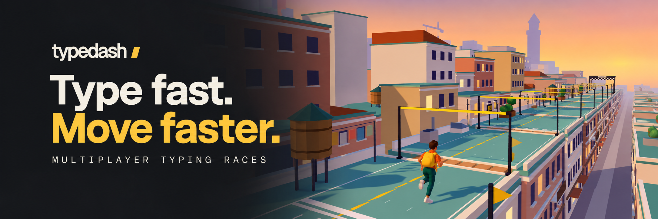 TypeDash rooftop racing artwork with the words Type fast. Move faster.